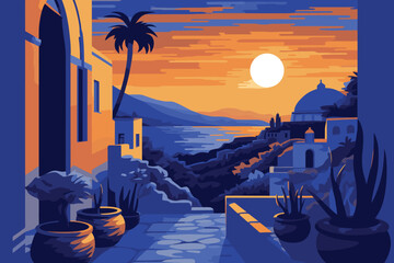 Cinque Terre at sunset. Italy. Vector illustration in flat style