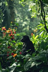 Obraz na płótnie Canvas A Cheeky Monkey standing in the rainforest canopy Background - Surrounded by Exotic Flowers and Lush Green Foliage - Beautiful Monkey Wallpaper created with Generative AI Technology