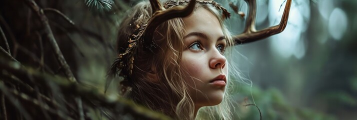 A Teen Girl Portrait of Magical Human with Beast Traits such as Deer Antlers - Beautiful Attractive Cat Eyes and Gills in a Pine Tree Forest - Mystic Forest Woman created with Generative AI Technology - obrazy, fototapety, plakaty
