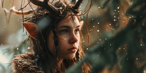 A Teen Girl Portrait of Magical Human with Beast Traits such as Deer Antlers - Beautiful Attractive Cat Eyes and Gills in a Pine Tree Forest - Mystic Forest Woman created with Generative AI Technology - obrazy, fototapety, plakaty