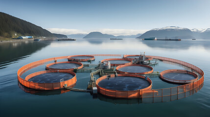 Round floating fish farms on the sea.