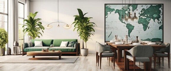 Stylish and eclectic dining room interior with mock up poster map, sharing table design chairs, gold pedant lamp and elegant sofa in second space. White walls, wooden parquet. Tropical leafs in vase. - obrazy, fototapety, plakaty
