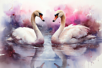 Swans and their reflection forming intricate patterns on the water's canvas Illustration, Generative Ai