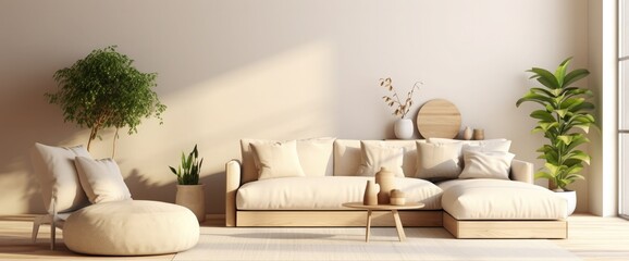 Stylish interior of bright living room with beige sofa and pouf, plant and coffee table with decoration. Living room interior mockup. Modern design room with bright daylight. 3d render