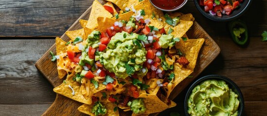 Top view of nachos on wooden board with avocado sauce.
