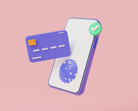 Credit card with fingerprint via mobile. Online Payment protection concept. payment online, money transfer, online shopping, finance, mobile banking, money payment. 3d render illustration