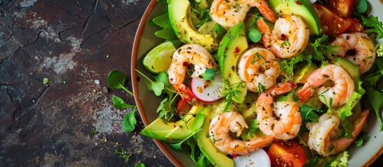 Top view of a healthy salad with fresh avocado and shrimp.
