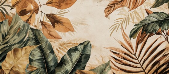 Premium vintage tropical wallpaper with a watercolor 3d painting of green and brown leaves on a beige background, featuring a stylish golden texture. It includes a seamless border and is suitable for