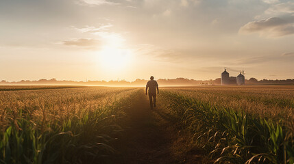A serene scene of a farmer at dawn, walking through a dew-kissed corn field