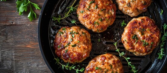 Turkey patties cooked in air fryer, seen from above. - obrazy, fototapety, plakaty