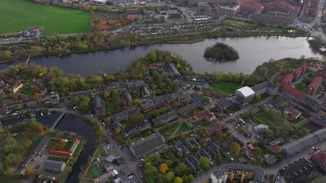 High aerial shot over Freetown Christiania Copenhagen