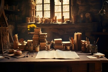 Wooden table with old books and tools in a dark room, messy reading table with open book near a...