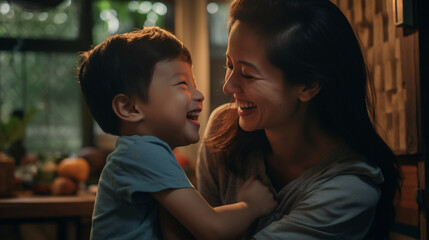  a smiling mother and son, their warmth and love evident in the genuine smiles exchanged between them