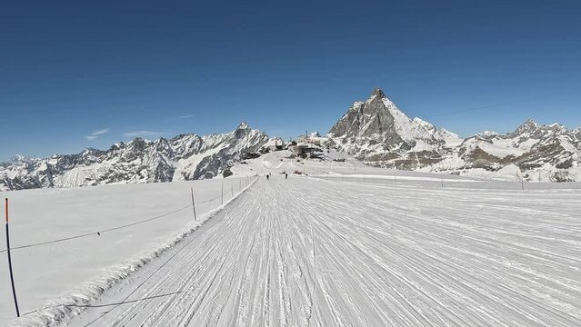 Flat ski slope in Zermatt with the Matterhorn Testa Grigia in the background. Skiing in Switzerland Zermatt POV
