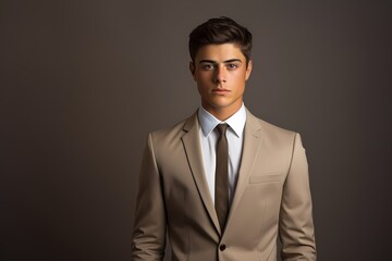 A young model wearing a sophisticated business attire, showcasing professionalism and confidence, against a solid light taupe background.