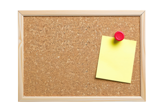 Bulletin board with blank yellow paper note isolated on transparent background