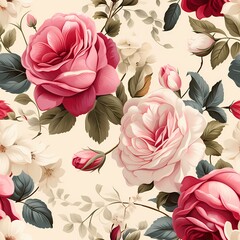  seamless pattern of vintage style pink rose drawing for valentine day