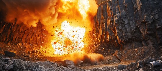 Explosion in surface mining quarry.