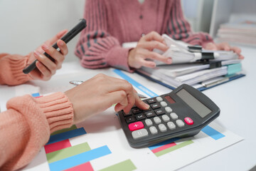 two individuals are engaged in accounting work. One person is wearing a pink sweater, and they both are reviewing financial charts and graphs, likely for a small business.