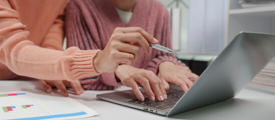 two individuals are engaged in accounting work. One person is wearing a pink sweater, and they both are reviewing financial charts and graphs, likely for a small business.