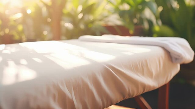 Closeup of a wooden massage table, dd with a soft, white sheet and surrounded by calming greenery.