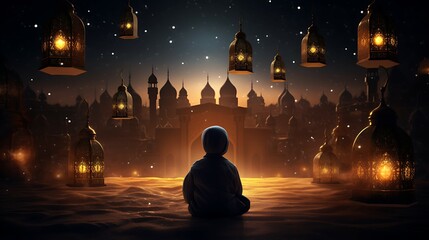 Islam children smile with a lantern on the mosque, happpy vibes, islamic and floating lantern background, Ai image generative