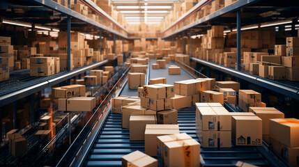 A top-down perspective of a distribution warehouse, a conveyor belt weaving through rows of cardboard box packages
