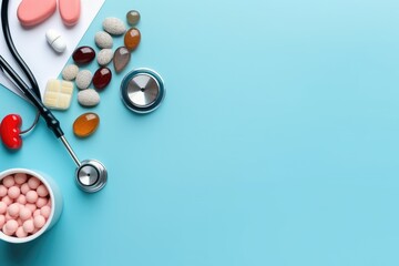 Stethoscope and pills on blue background with copy space. Top view, Many different medical objects on a light background, top view, AI Generated