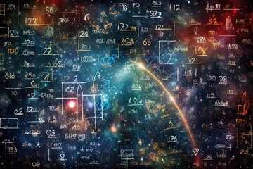 Astronomy and science concept. Elements of this image furnished by NASA, Mathematical and physical formulas against the backdrop of a galaxy in the universe, Space background, AI Generated - obrazy, fototapety, plakaty