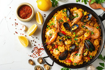 A paella a traditional Spanish dish against a bright white background