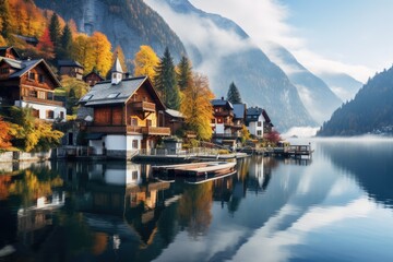 Fototapeta premium Hallstatt village on the lake in autumn, Austria. Beautiful alpine landscape, Misty autumn scene of Hallstatt lake, Splendid morning view of Hallstatt village, AI Generated