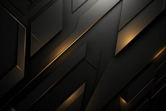 Abstract black and golden metallic background. 3d render illustration design, Luxury abstract black metal background with golden light lines, Dark 3D geometric texture, AI Generated