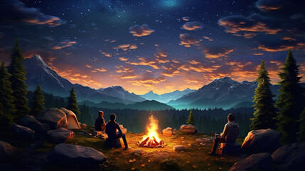 Male traveler sitting under beautiful night sky with stars - obrazy, fototapety, plakaty