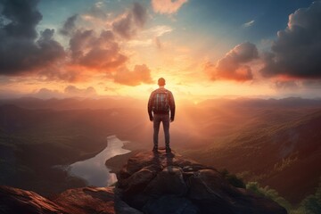 Man with a backpack standing on the edge of the cliff and looking at the sunset, Rear view of a man standing on top of a cliff at sunset, AI Generated - Powered by Adobe