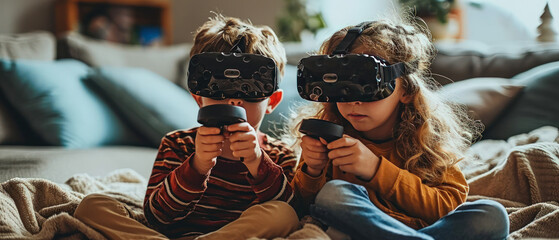 Children Engaged in Virtual Reality Play Indoors, Enjoying an Immersive Gaming Experience on a Cozy Afternoon. Generative AI