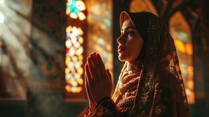 Young muslim woman prayer hijab pray to God on blur mosque background concept for eid mubarak, life and soul fasting of international islamic ramadan sunlight - obrazy, fototapety, plakaty