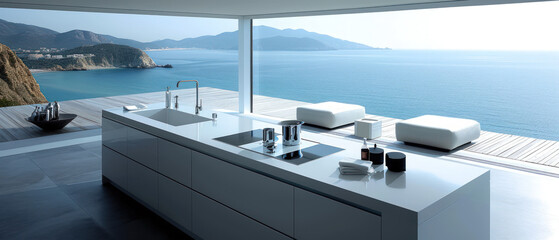 Obraz premium Modern Kitchen Overlooking a Serene Ocean View With Mountains in the Distance During Bright Daylight on a Sunny Day. Generative AI