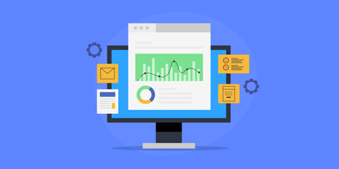 Marketing software analytics display data, digital campaign monitoring web based artificial intelligence technology platform, vector illustration banner.