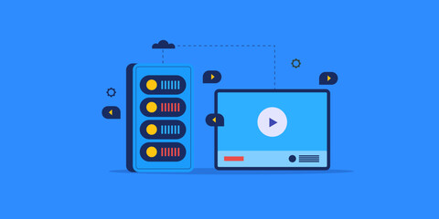 Video hosting service, content management streaming and sharing platform, server storage vector illustration web banner with blue background. 