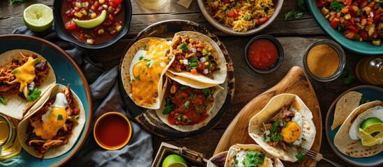 Mexican breakfast with tacos, eggs, and assorted dishes. - obrazy, fototapety, plakaty