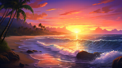 3d palm tree landscape against a sunset sky