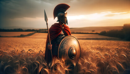 A Spartan soldier stands with a spear and shield in a field, the Spartans became one of the most feared and formidable military forces in the Greek world - obrazy, fototapety, plakaty