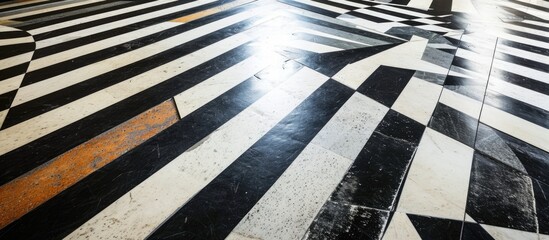 Geometric shapes and black-white lines in floor design.