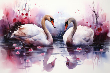 Swans and their reflection forming intricate patterns on the water's canvas Illustration, Generative Ai