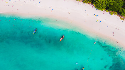 Paradise beach Phuket Patong. aerial top view amazing freedom beach small white sand beach with...