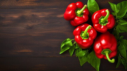 Red bell peppers with leaves on a wooden table - ai generative
