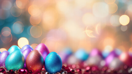 Obraz na płótnie Canvas Vibrant Easter eggs in shades of blue, pink, and purple, accompanied by festive bokeh lights for a joyful holiday scene.