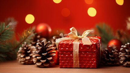 A red gift box with a bow and pine cones around it
