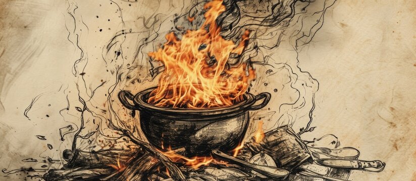 Vintage hand-drawn depiction of a bonfire with flames, ember, and boiling pot.