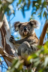 Fototapeta premium A Peaceful Koala nestled in Eucalyptus Tree in the Heart of the Australian Bushland Background - The Sky above is Blue, Relax - Beautiful Koala Wallpaper created with Generative AI Technology